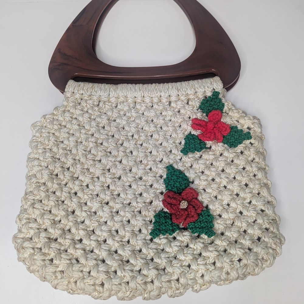 Handcrafted Creme Colored Crochet/ Macrame Bag  with Lucite Handles